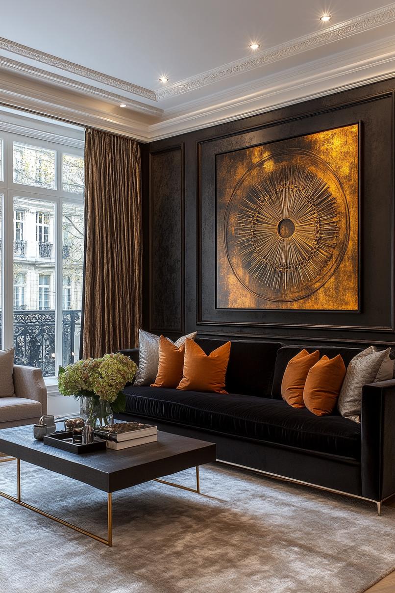 20 breathtaking living room wall decor ideas 24 7. Luxurious black & gold decor-0