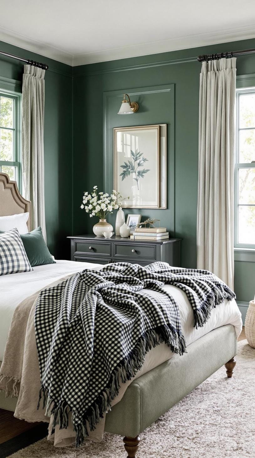 20 moody green bedroom ideas for a cozy retreat 25 8. Luxurious cottage: Use Gingham patterns and cozy knitting throws pine green tones