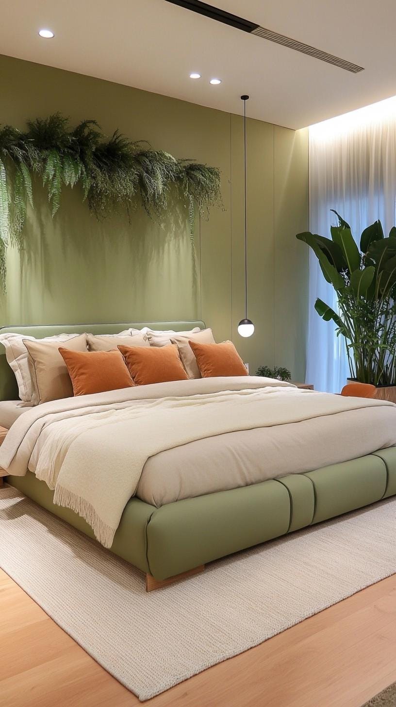 23 atemberaubende Ideen für olivgrüne Schlafzimmer, die Sie absolut lieben werden 61 19. luxuriöses olivgrünes Schlafzimmer mit plüschigen Texturen und gedimmten Beleuchtung-0