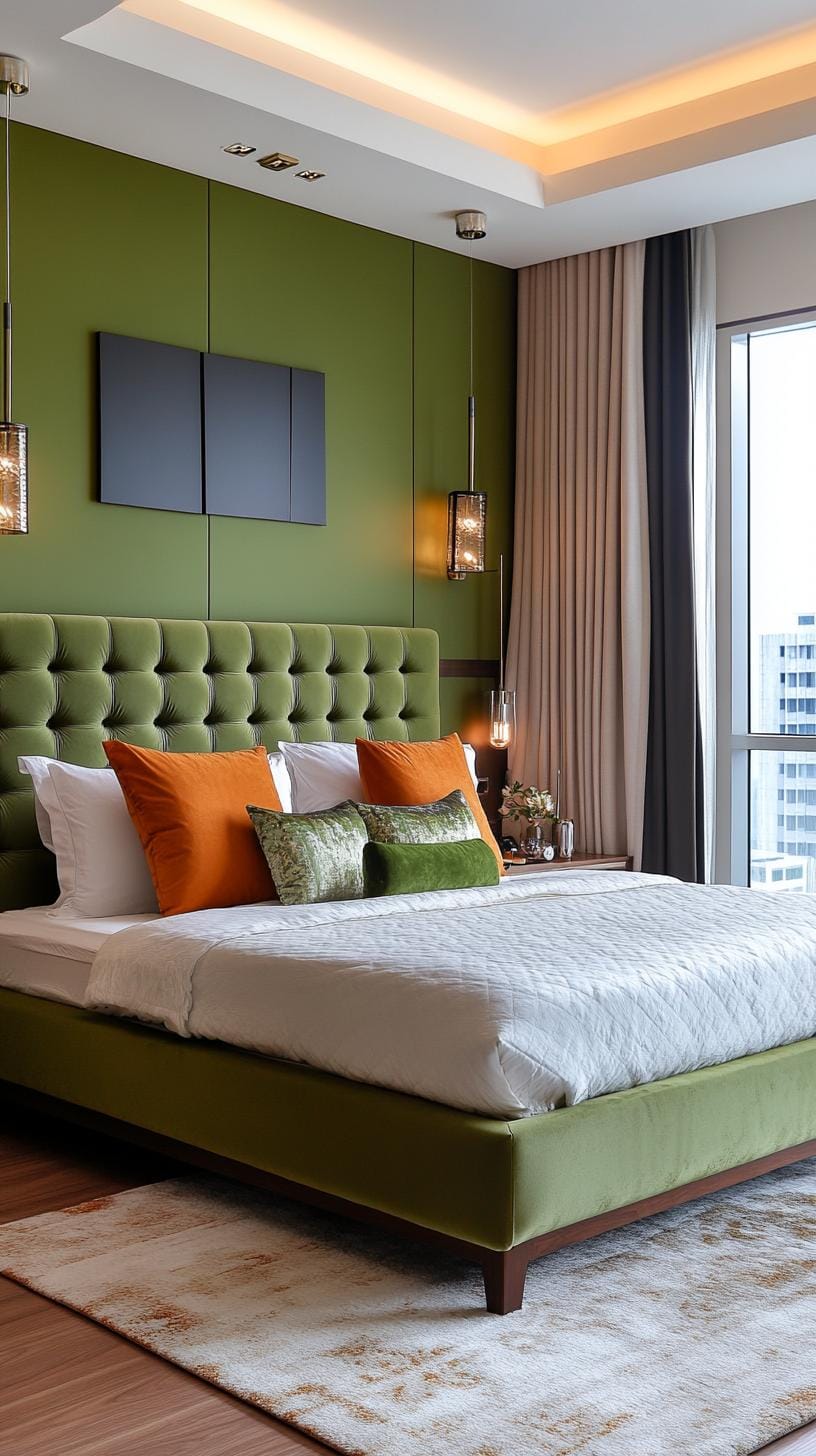 23 atemberaubende Ideen für olivgrüne Schlafzimmer, die Sie absolut lieben werden 62 19. luxuriöses olivgrünes Schlafzimmer mit plüschigen Texturen und gedimmten Beleuchtung-1
