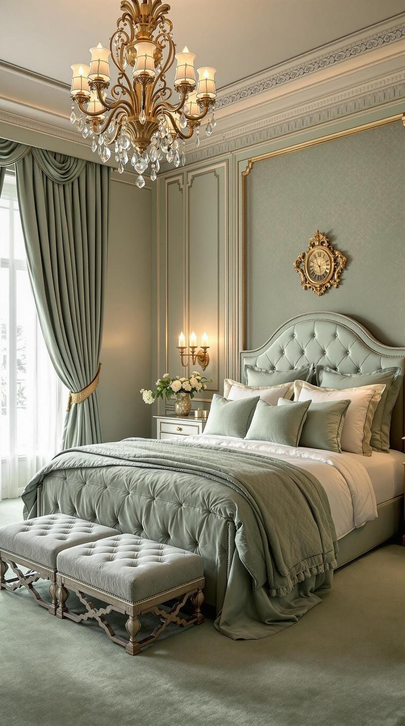 25 Trendy Sage Green Schlafzimmer Ideen für 2025 51 16. luxuriöser Rückzugsort mit plüschartigen grünem Teppich- und verzierten Kronleuchtern-0