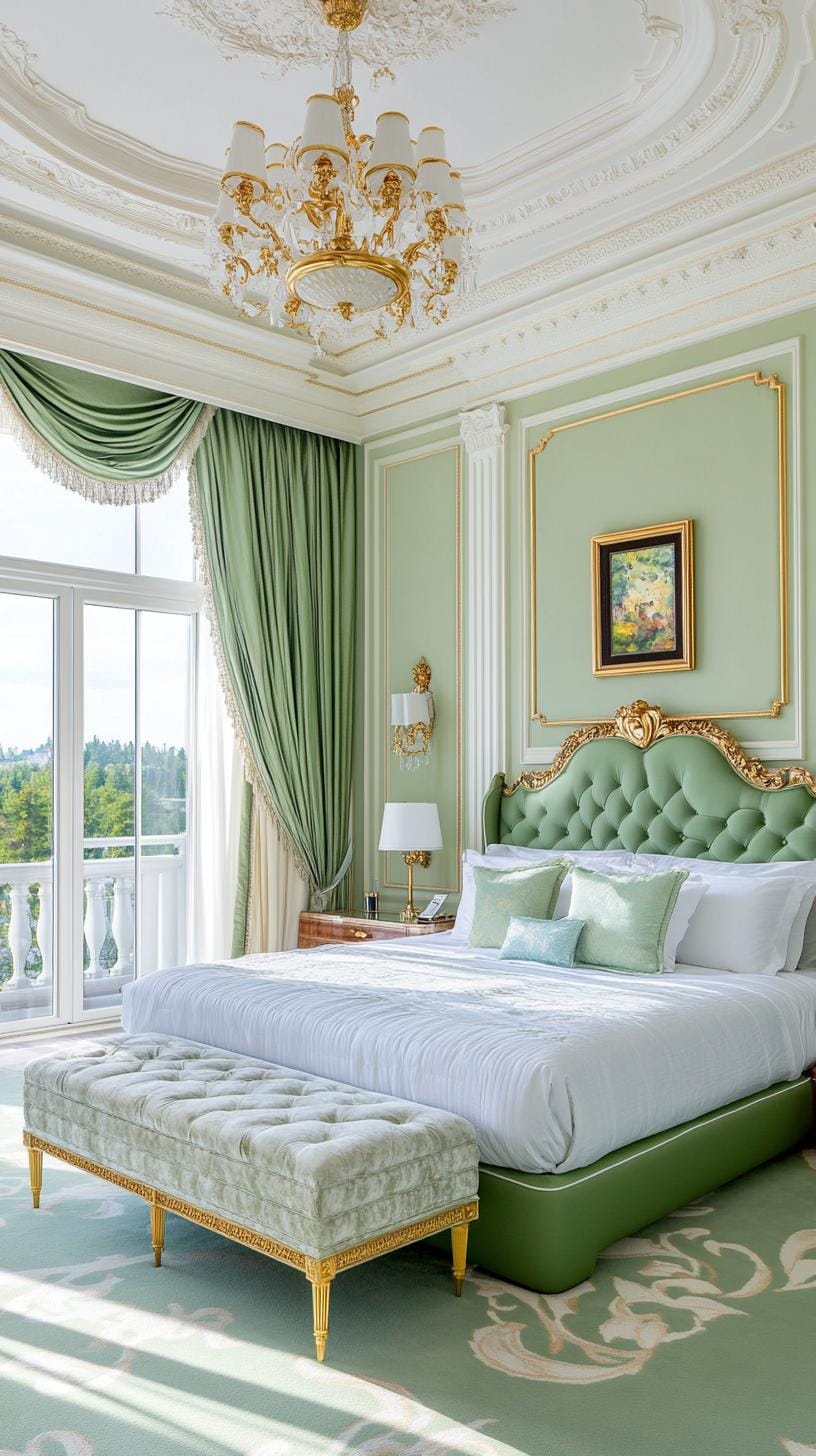 25 Trendy Sage Green Schlafzimmer Ideen für 2025 52 16. luxuriöser Rückzugsort mit plüschartigen grünem Teppich und verzierten Kronleuchtern-1