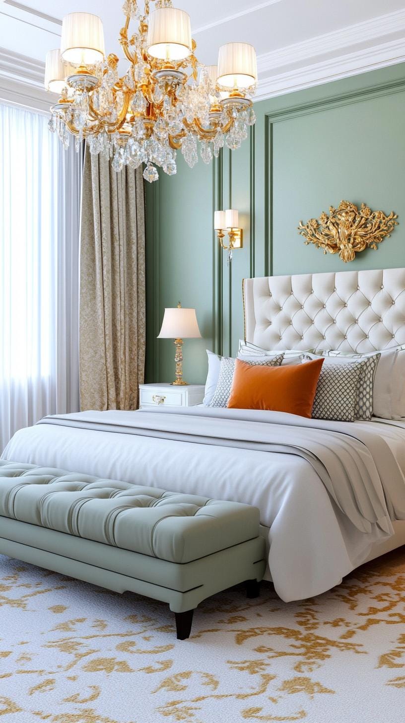 25 Trendy Sage Green Schlafzimmer Ideen für 2025 53 16. luxuriöser Rückzugsort mit plüschartigen Salbei-Teppichböden und verzierten Kronleuchtern-2