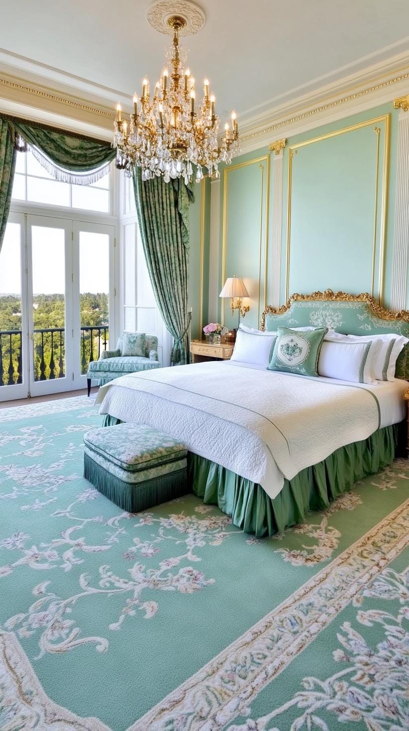 25 Trendy Sage Green Schlafzimmer Ideen für 2025 54 16. luxuriöser Rückzugsort mit plüschartigen grünem Teppich- und verzierten Kronleuchtern-3