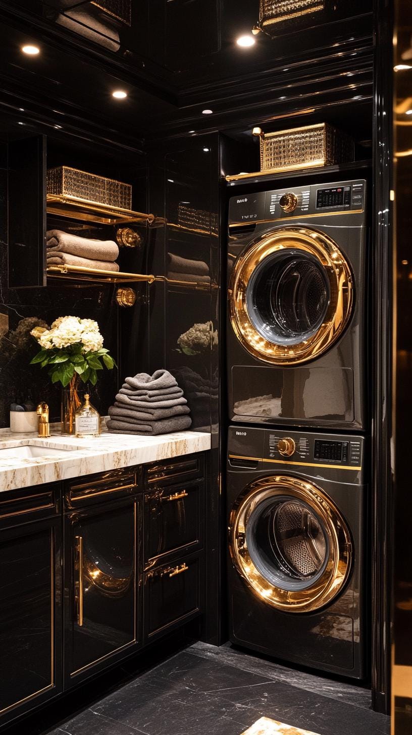 20 Genius Tiny laundry kitchen ideas: organization & stacked design 45 16. Luxury marble worktops with brass hardware and lighting-0