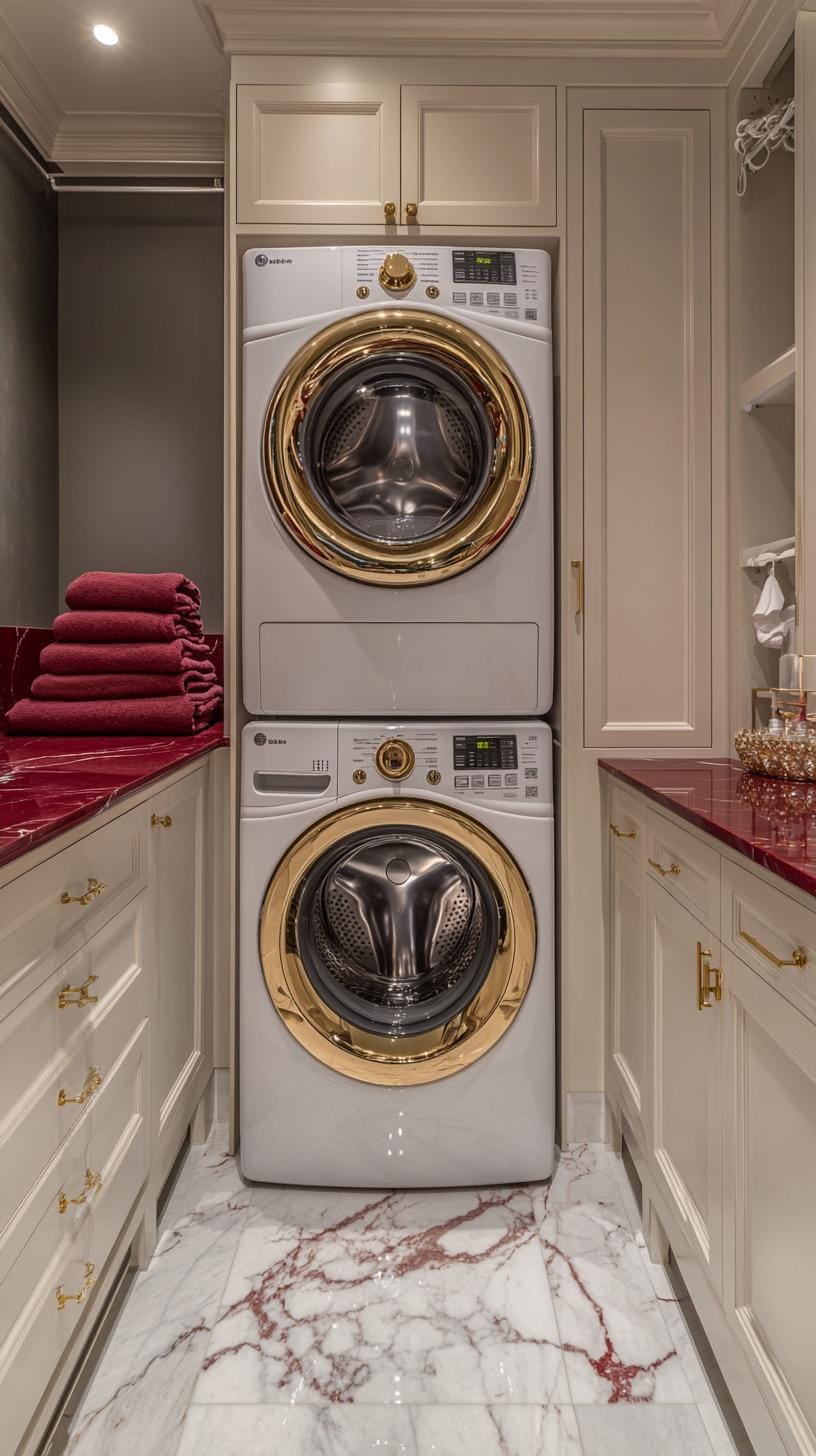 20 Genius Tiny laundry kitchen ideas: organization & stacked design 47 16. Luxury marble worktops with brass hardware and lighting-2