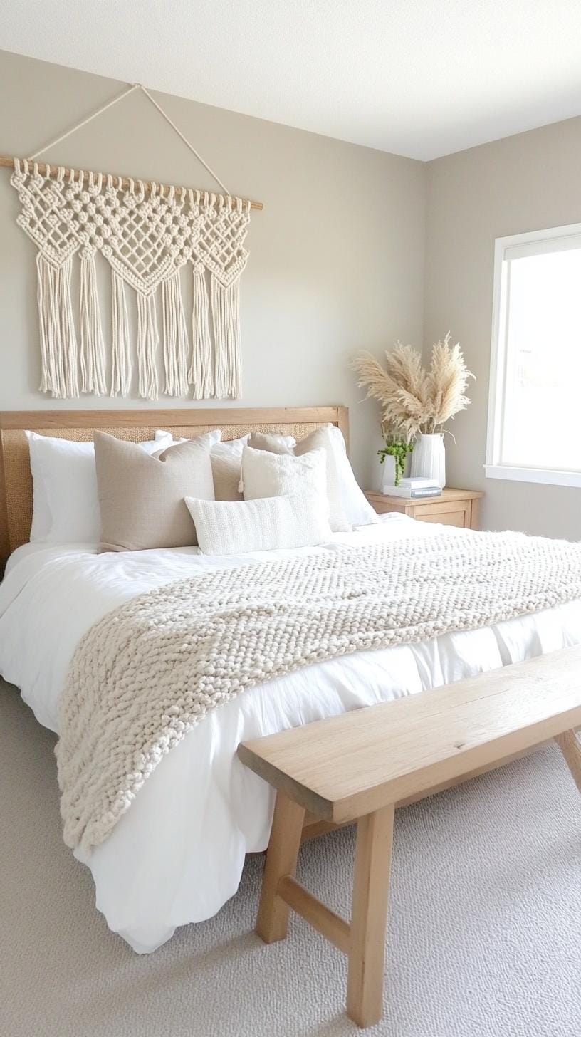 23 Modern Boho bedroom ideas that you will love immediately 11 3. Makramé background and neutral bed linen-1