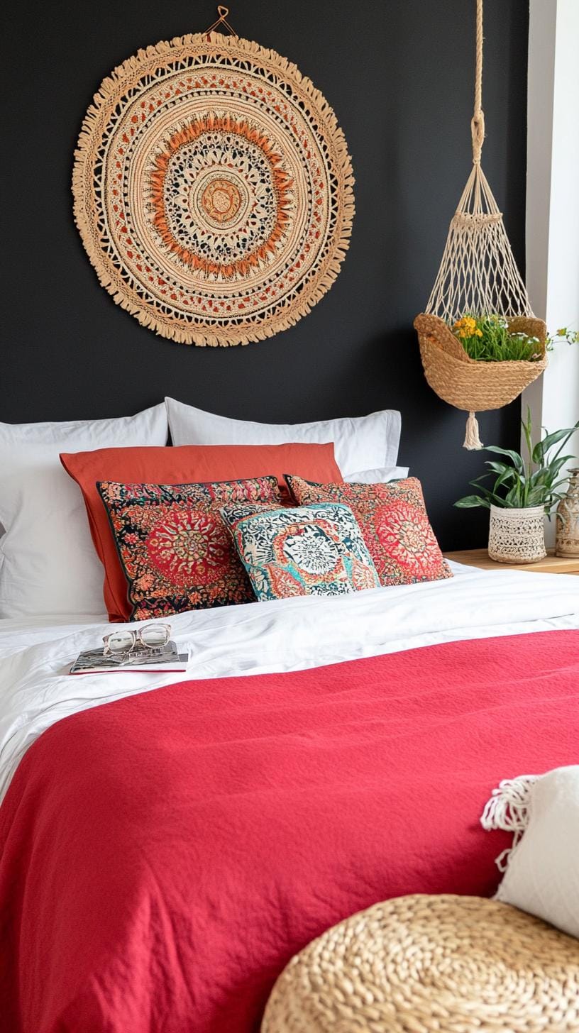 23 Atmospheric Boho bedroom ideas for copying 63 21. Macrame and Mandala Tapisserie Akzenting Dark Boho Bedroom-0