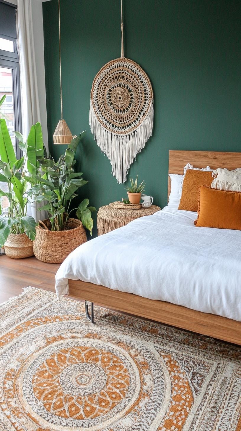23 Recherent atmospheric Boho bedroom ideas for copying 65 21. Macrame and Mandala Tapisserie Akzenting Dark Boho Bedroom-2