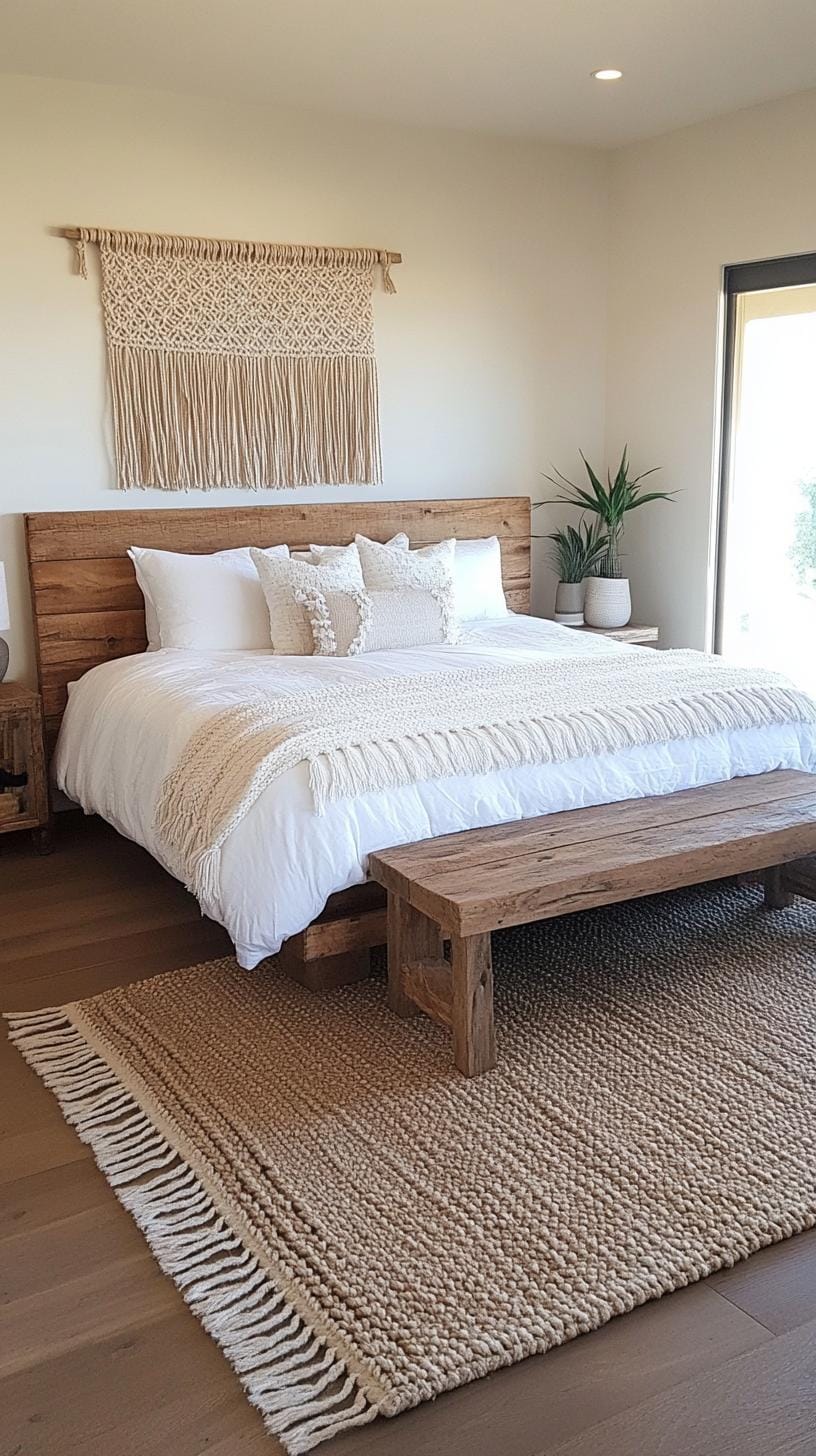 21 new bedroom ideas for your 2025 refreshment 28 9. Macramé wall art paired with rustic wooden furniture-1