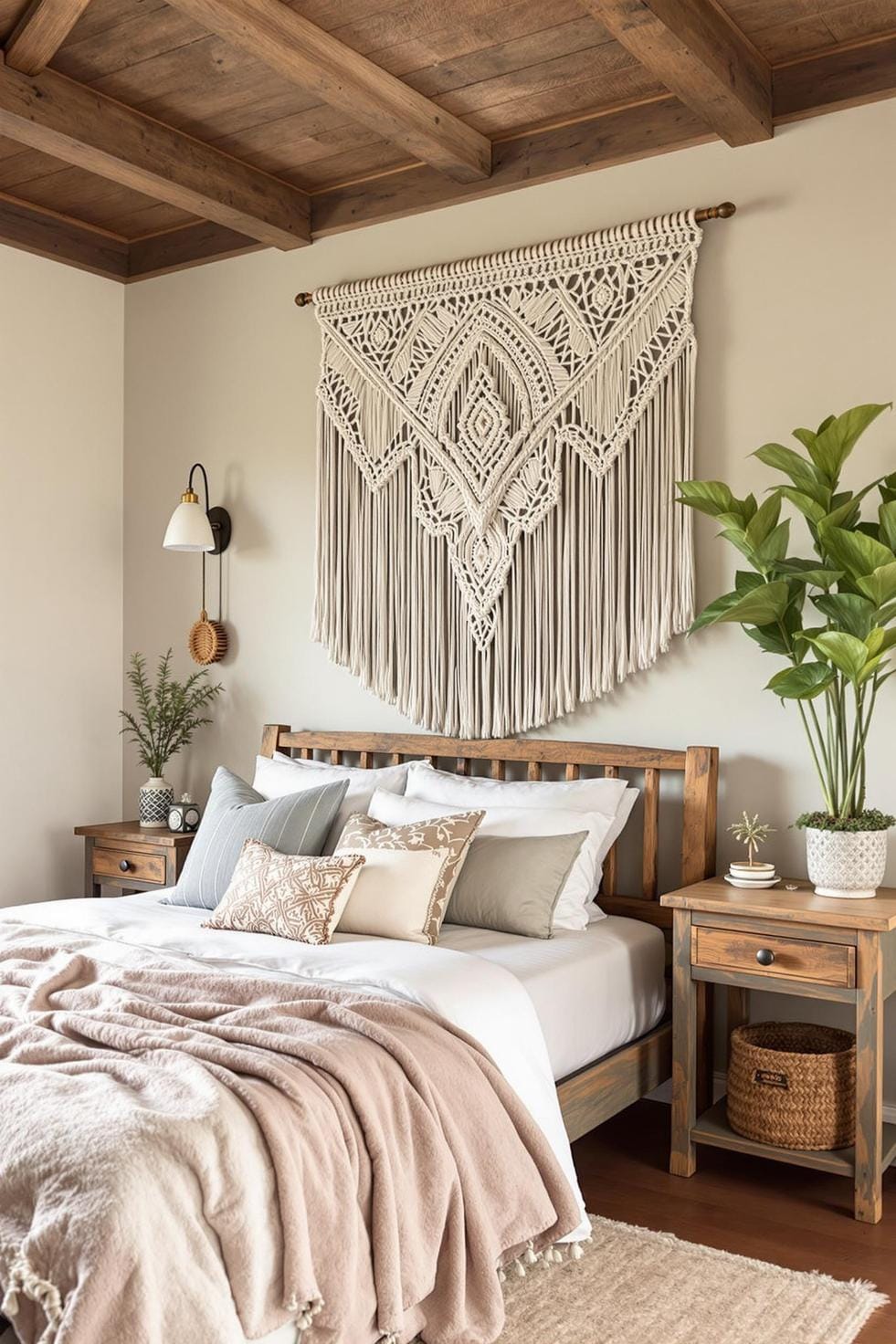 21 new bedroom ideas for your 2025 Refresh 29 9. Macramé wall art paired with rustic wooden furniture-2