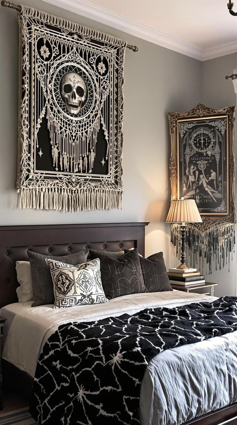 19 Best Gothic Boho bedroom ideas for a dreamy sanctuary 37 37 12. Macramé wall hangings with decorated Gothic image frames with art of alphonse Mucha-0 interspersed