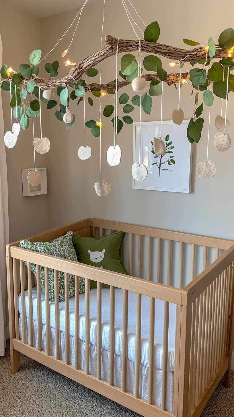 21 Enchanted Forest Nurily ideas for magical mood 31 11. Magic Woodland Walk with Tree branches Mobiles and leaf pattern-0