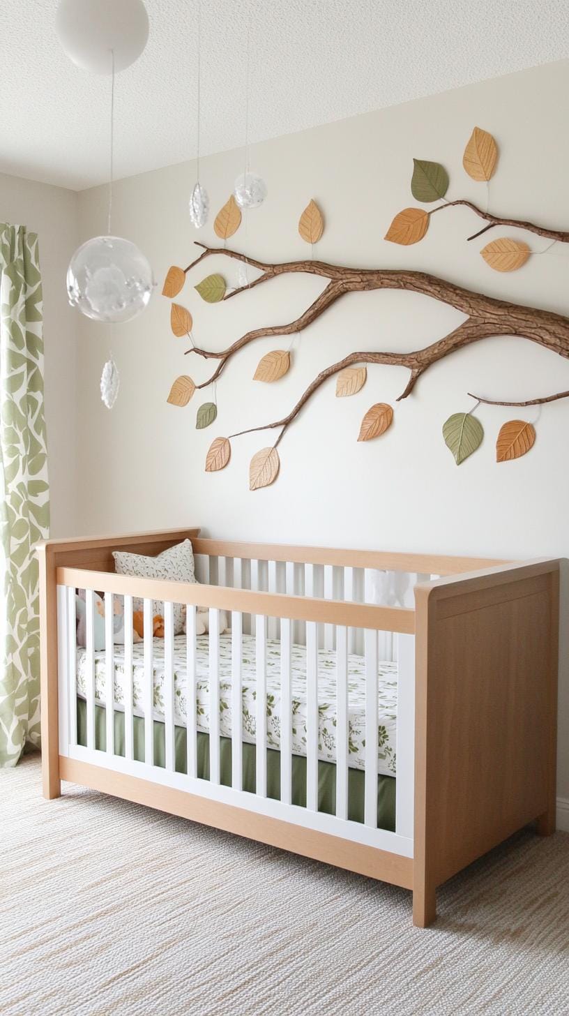 21 Enchanted Forest Nurily Ideas for a magical mood 32 11. Magic Woodland Walk with Tree branches Mobiles and leaf pattern-1