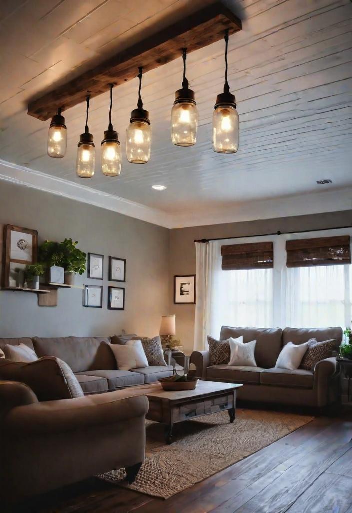 25 Charming Farmhouse Living Room Ideas For 2024 10 8. Mason Jar Lighting Fsture-0