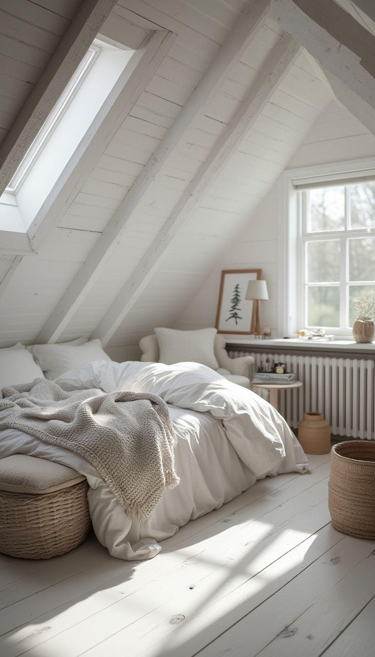 21 sweet attic bedroom ideas that you will love 3 1. maximize the light with whitewashed walls and a skylight for a Scandinavian feel-0