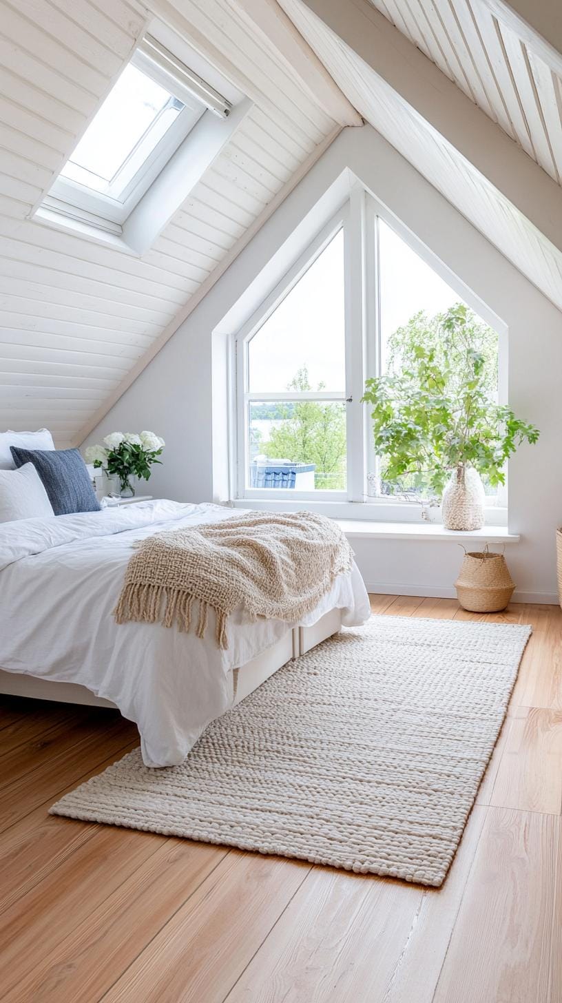 21 sweet attic bedroom ideas that you will love 4 1. maximize the light with white whipped walls and a skylight for a Scandinavian feeling-1