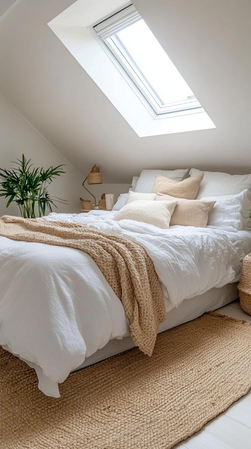 21 sweet attic bedroom ideas that you will love 5 1. maximize the light with white whipped walls and a skylight for a Scandinavian feeling 2