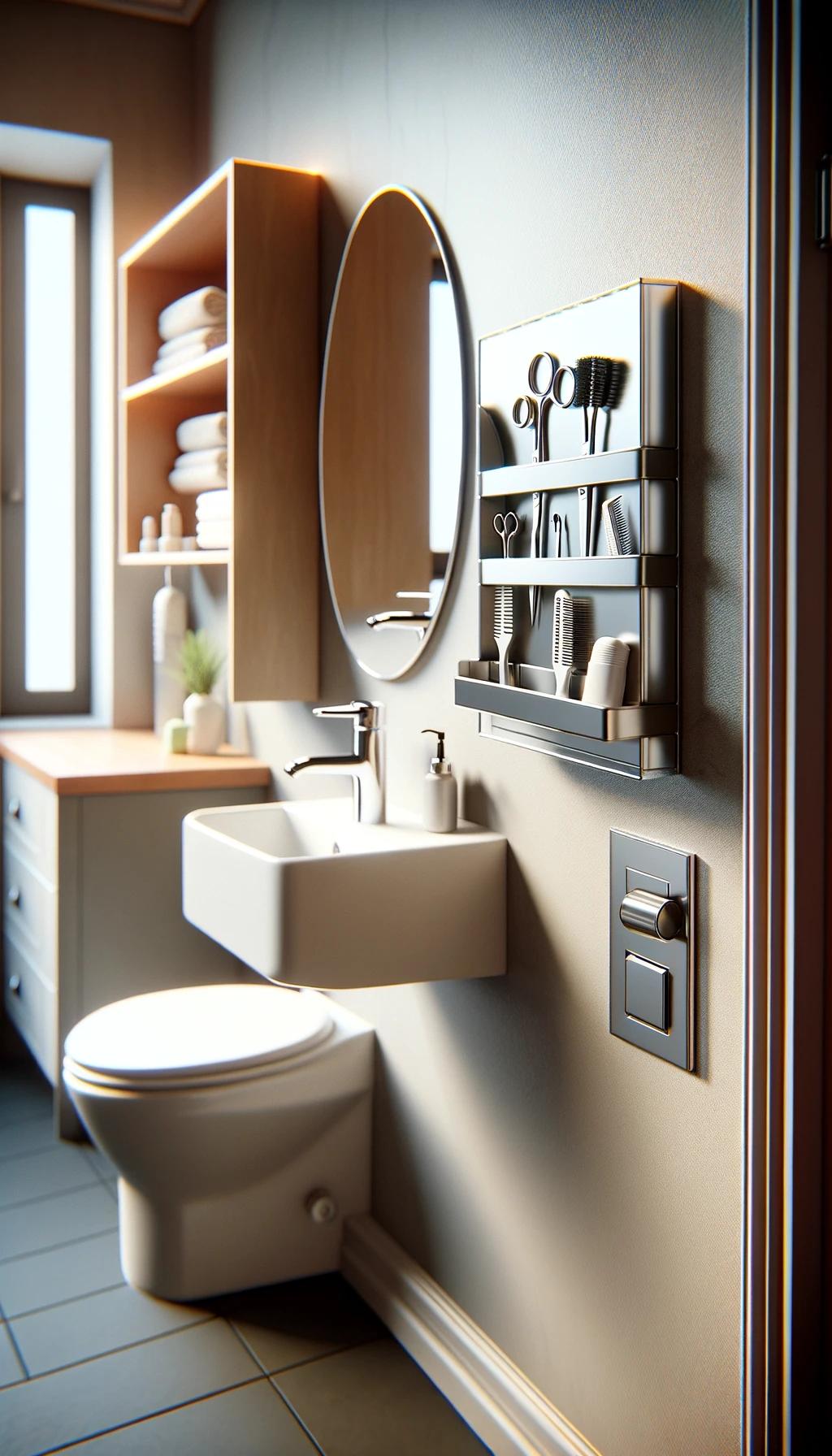 15 genius small bathroom solutions that you have to see! 4 2. Metal organization with magnetic stripes 0