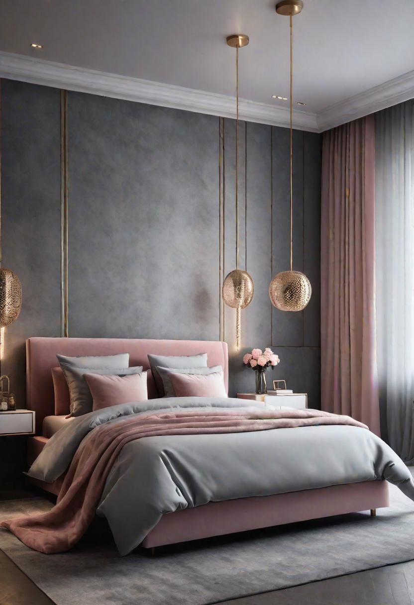 47 Stunning Grey Bedroom Ideas for An Elegant Bedroom Design 31 29. Metallic Pink Feminine Grey Bedroom-0