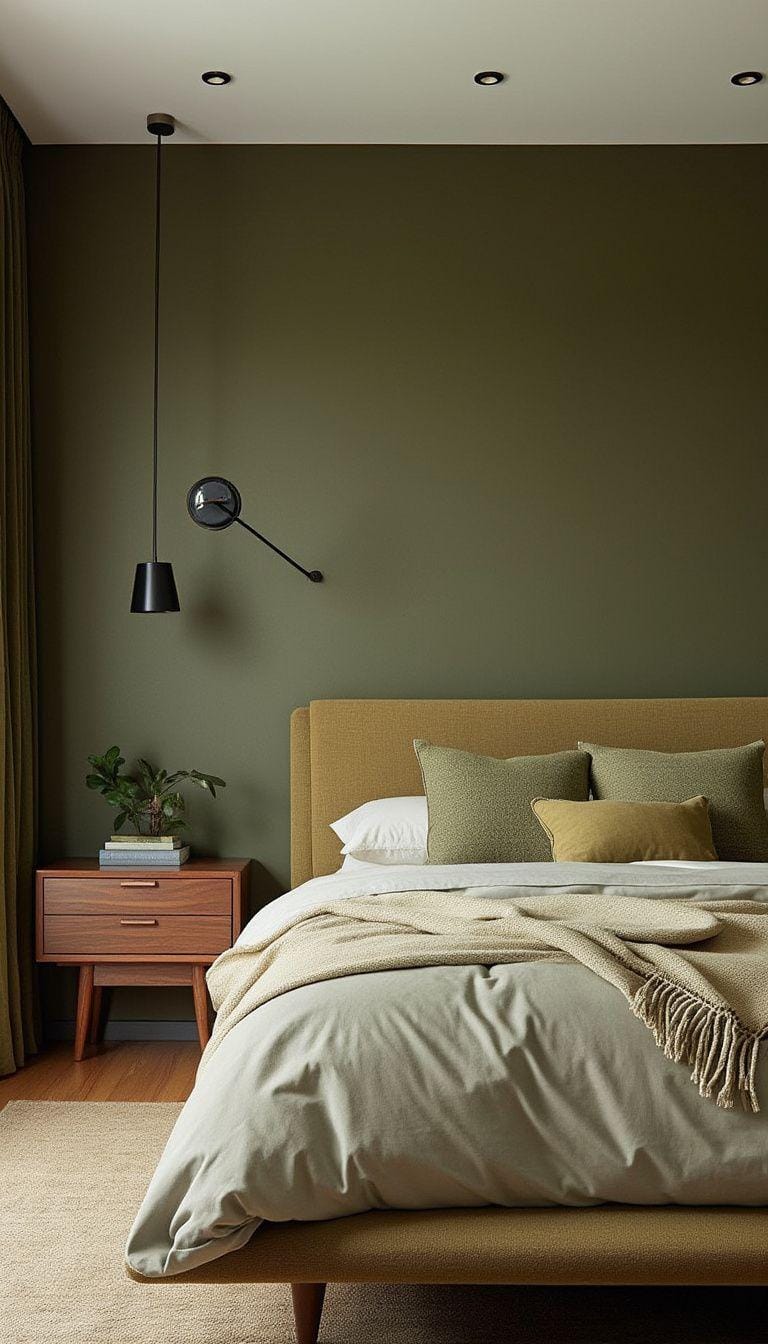 23 atemberaubende Ideen für olivgrüne Schlafzimmer, die Sie absolut lieben werden 71 22. Mitte des Jahrhunderts modernes olivgrünes Schlafzimmer mit Walnussmöbeln-0