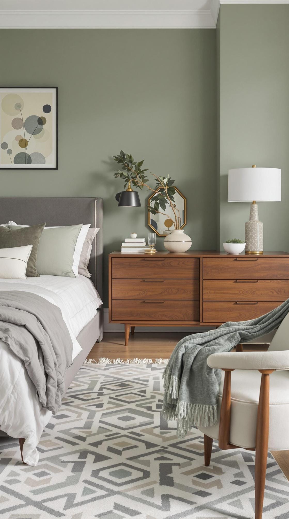 25 Trendy Sage Green Schlafzimmer Ideen für 2025 12 4.. Mitte des Jahrhunderts modernes Schlafzimmer mit Salbeigrün-Textilien und Walnusseinrichtungen-0