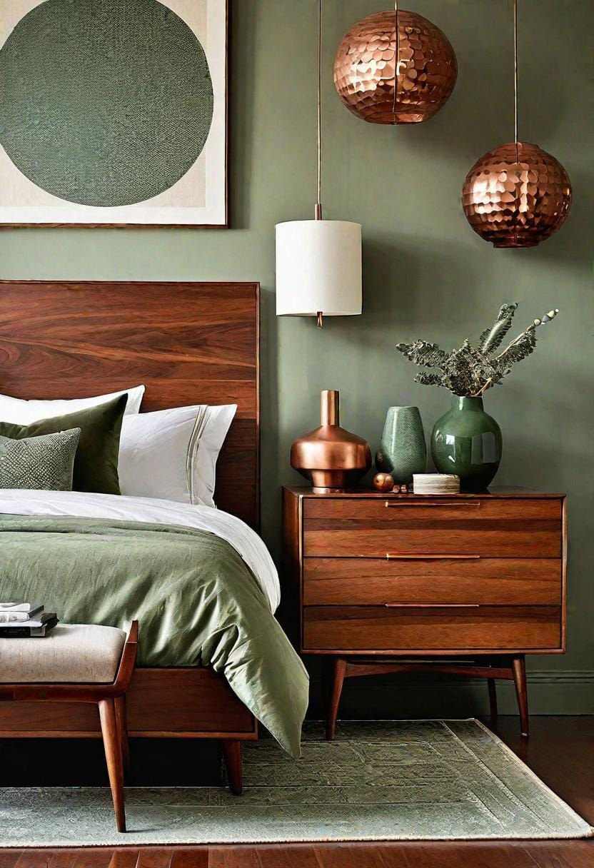 25 Trendy Sage Green Schlafzimmer Ideen für 2025 13 4.. Mitte des Jahrhunderts modernes Schlafzimmer mit Salbeigrün-Textilien und Walnusseinrichtungen-1