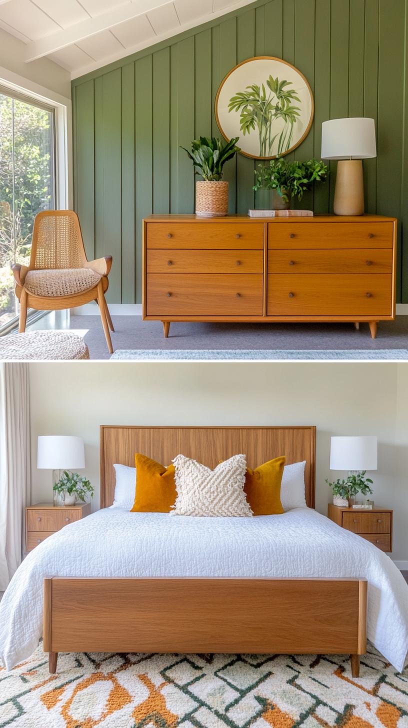 25 Trendy Sage Green Schlafzimmer Ideen für 2025 14 4. Mitte des Jahrhunderts modernes Schlafzimmer mit Salbeigrün-Textilien und Walnusseinrichtungen-2