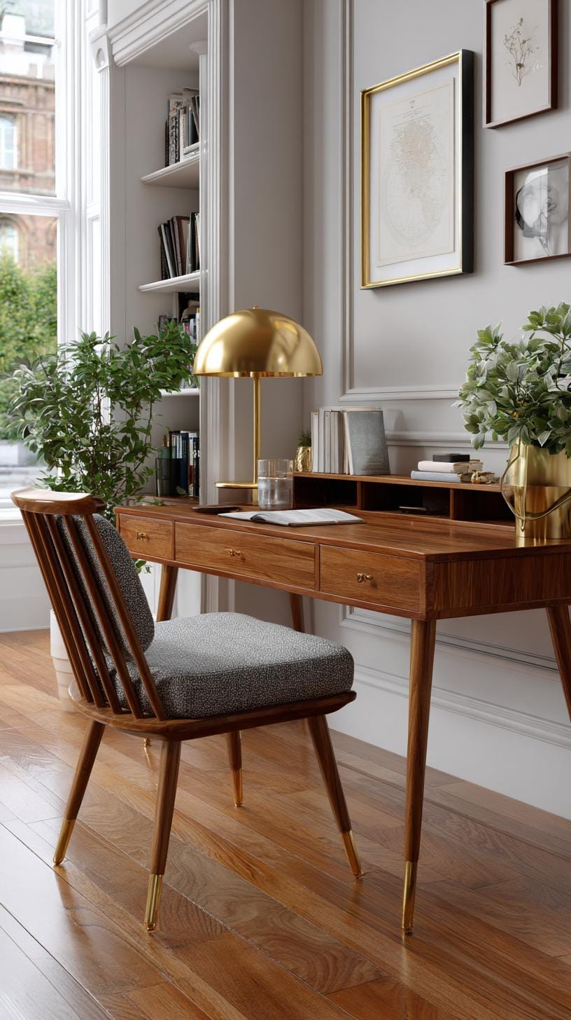 31 Home Office Ideas to Upgrade Your Work From Home Setup 11 3. Mid-century modern desk with warm wood tones-0