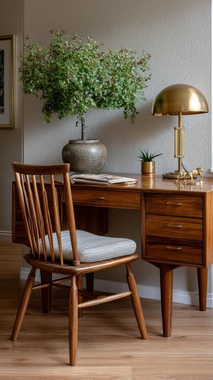 31 Home Office Ideas to Upgrade Your Work From Home Setup 12 3. Mid-century modern desk with warm wood tones-1
