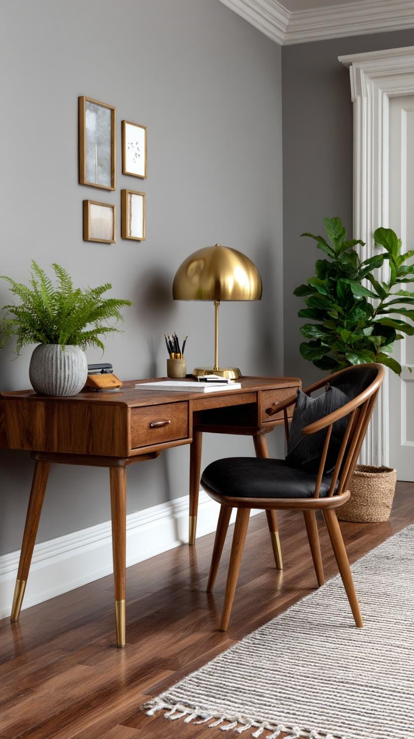 31 Home Office Ideas to Upgrade Your Work From Home Setup 13 3. Mid-century modern desk with warm wood tones-2