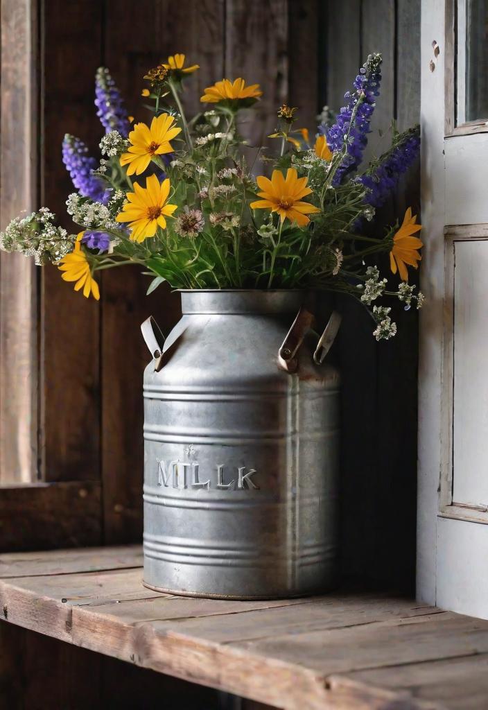 25 Charming Farmhouse Living Room Ideas For 2024 24 22. Milk can bloom vase-0