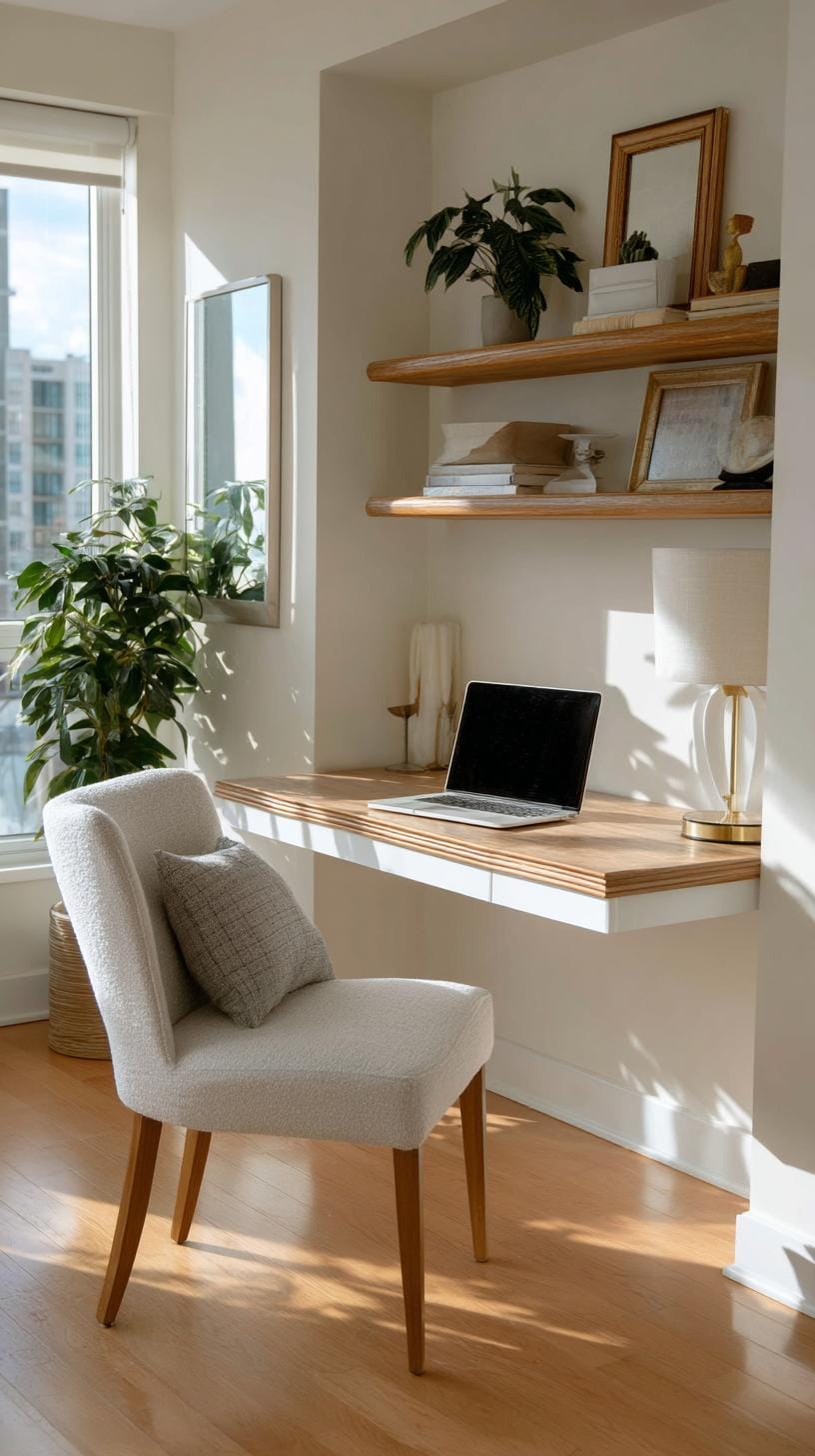 31 Home Office Ideas to Upgrade Your Work From Home Setup 69 25. Minimal floating desk with laptop and lamp setup-0