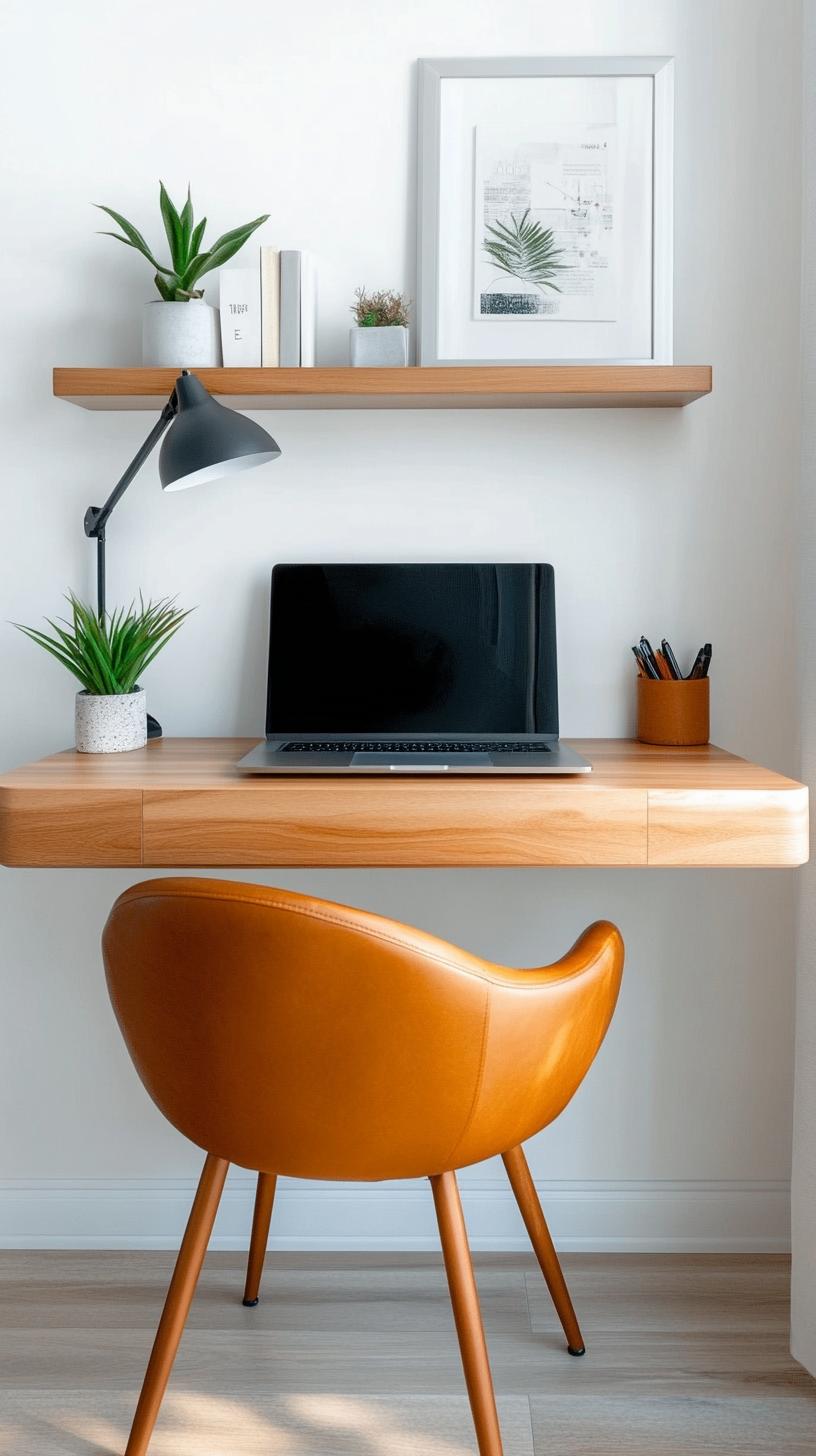 31 Home Office Ideas to Upgrade Your Work From Home Setup 70 25. Minimal floating desk with laptop and lamp setup-1