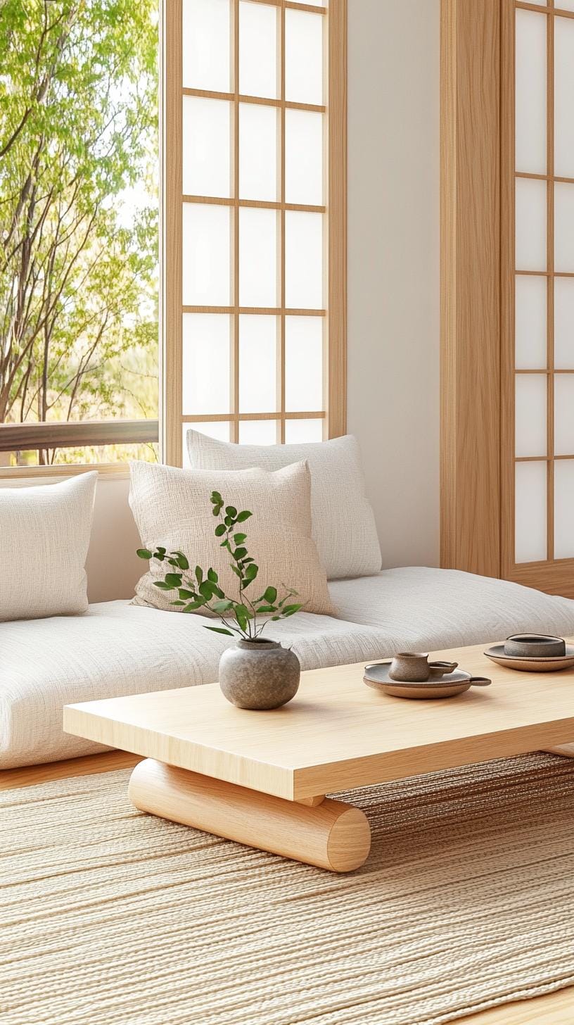 15 new Japandi living room ideas that you will love 3 1. Minimalist seating with a neutral Tatami Mats-0