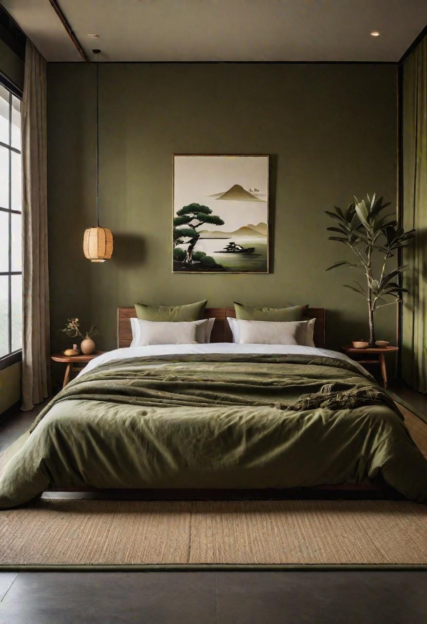 23 atemberaubende Ideen für olivgrüne Schlafzimmer, die Sie absolut lieben werden 52 16. Minimalistisch Japaner inspiriertes olivgrünes Schlafzimmer mit Tatami MATS-0