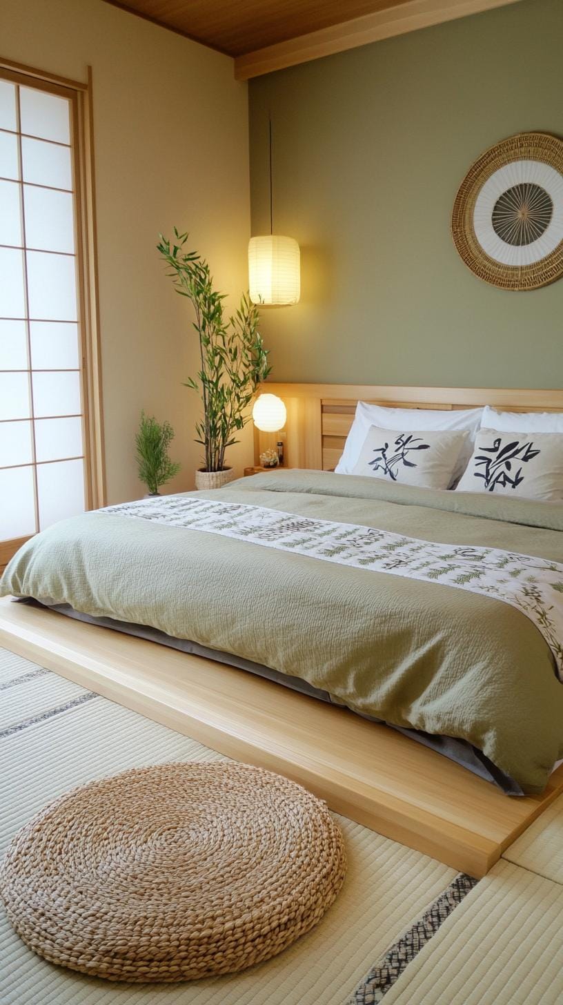 23 atemberaubende Ideen für olivgrüne Schlafzimmer, die Sie absolut lieben werden 53 16. Minimalistisch Japaner inspiriertes olivgrünes Schlafzimmer mit Tatami MATS-1