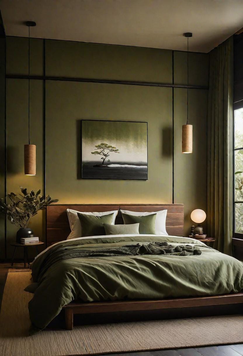 23 atemberaubende Ideen für olivgrüne Schlafzimmer, die Sie absolut lieben werden 54 16. Minimalistische japanisch inspirierte Olivengrün-Schlafzimmer mit Tatami MATS-2