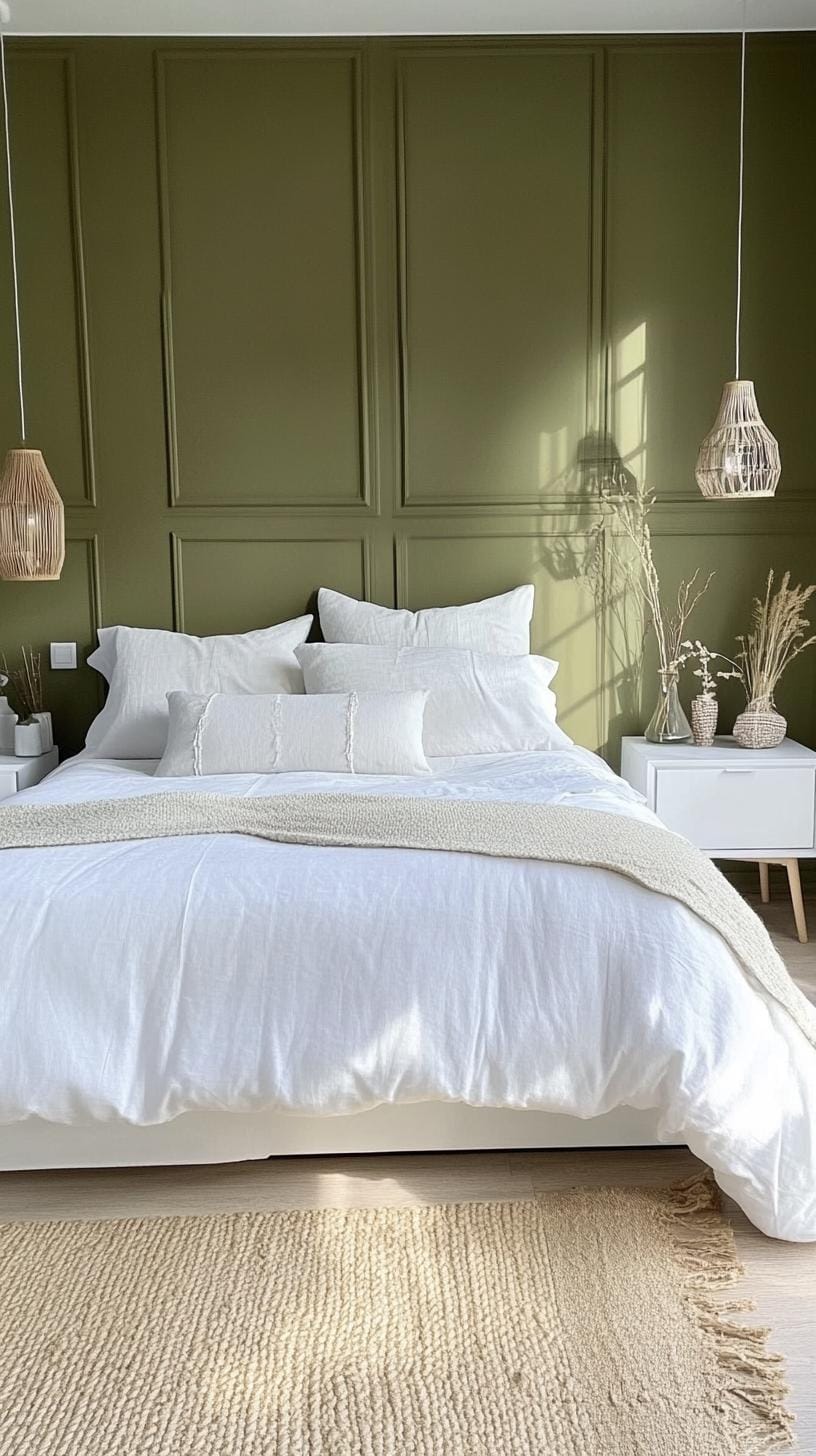 23 atemberaubende Ideen für olivgrüne Schlafzimmer, die Sie absolut lieben werden 7 2. minimalistisch olivgrün und weißes Schlafzimmer Oasis-1