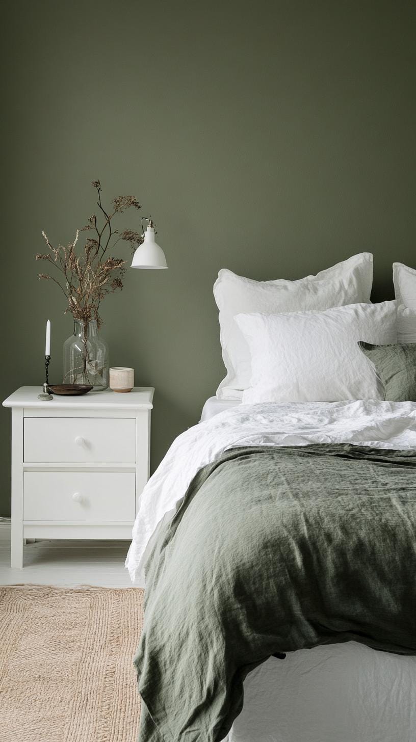 23 atemberaubende Ideen für olivgrüne Schlafzimmer, die Sie absolut lieben werden 8 2. minimalistisch olivgrün und weißes Schlafzimmer Oasis-2