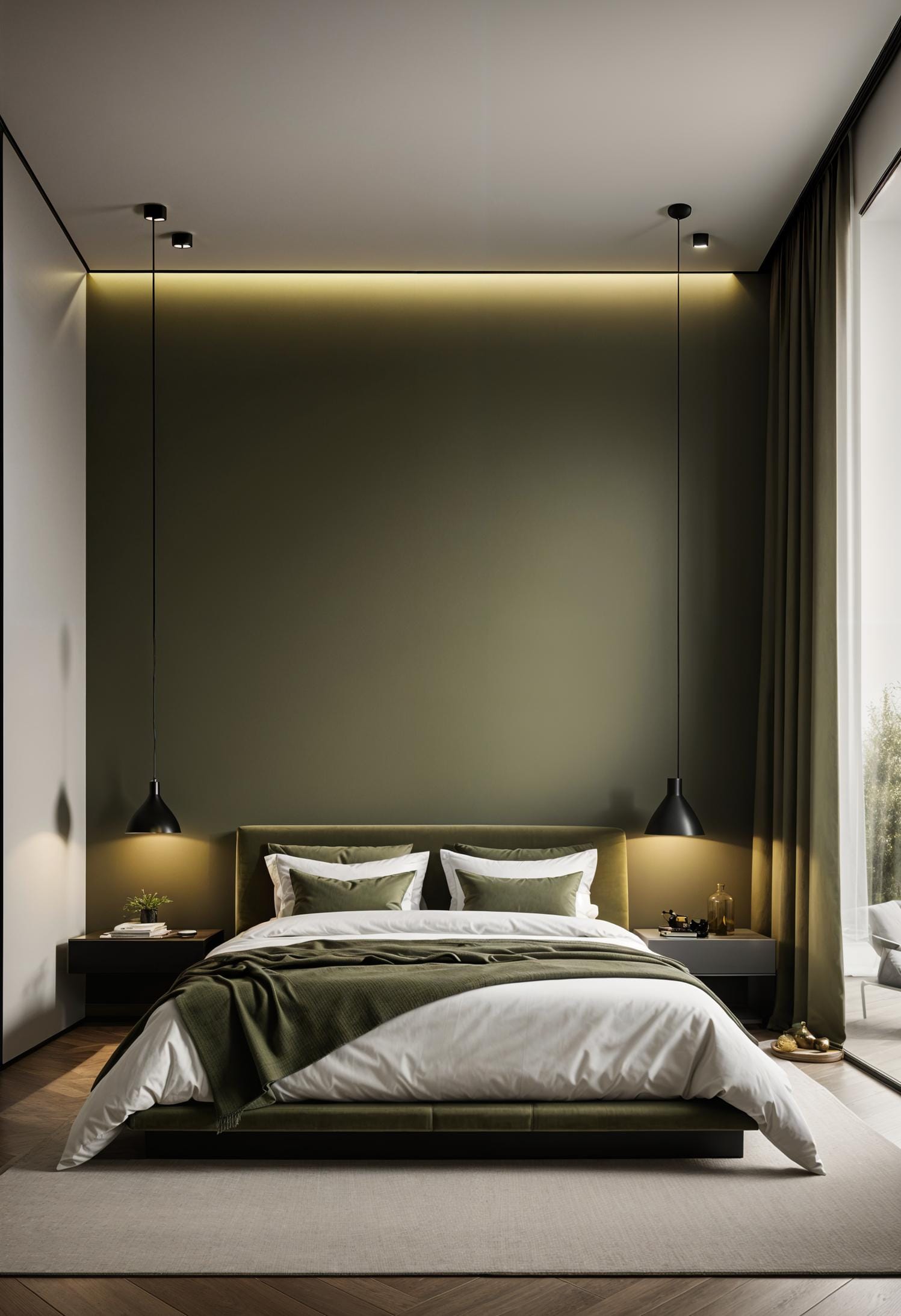 23 atemberaubende Ideen für olivgrüne Schlafzimmer, die Sie absolut lieben werden 9 2. minimalistisch olivgrün und weißes Schlafzimmer Oasis-3
