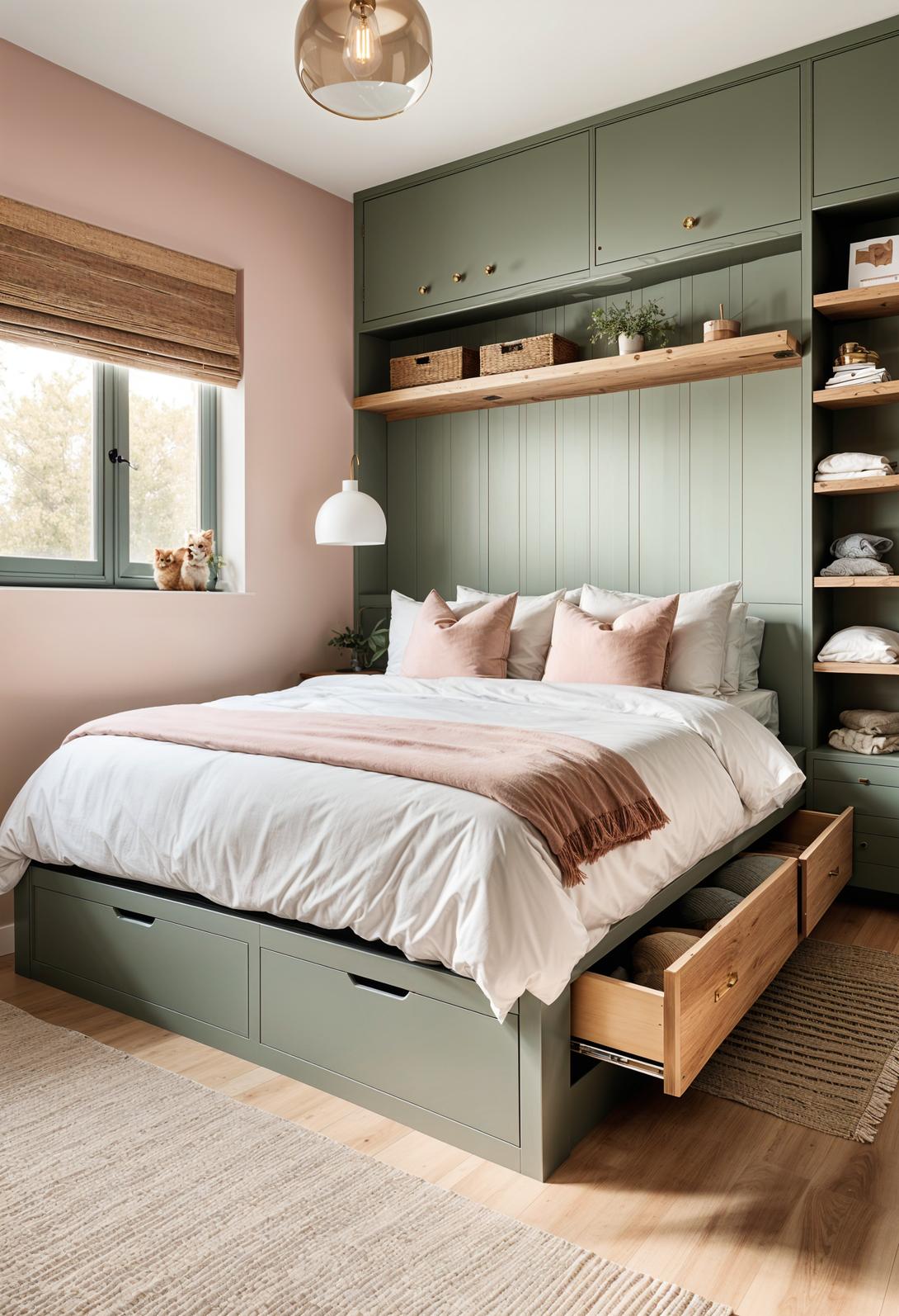 30 Chic Sage Green and Blush Bedroom Ideas 56 29. Minimalist Storage Solutions for Bedroom-2