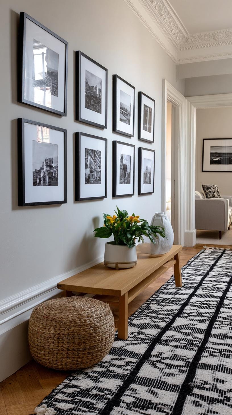 37 Gallery Wall Decor Ideas: Layouts And Styles to Elevate Any Room 25 8. Minimalist monochrome grid composed of same size black and white photos in symmetry-1
