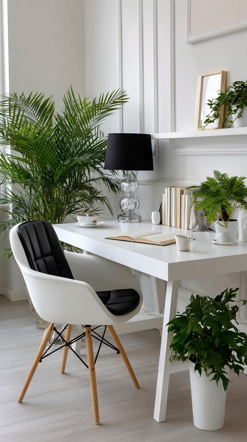 31 Home Office Ideas to Upgrade Your Work From Home Setup 19 6. Minimalist office with monochrome palette and plants-0