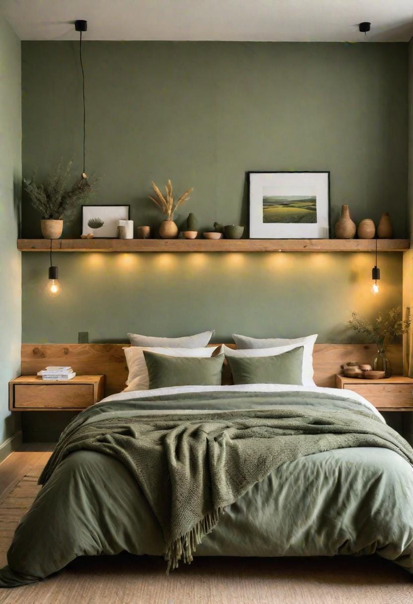 25 Trendy Sage Green Schlafzimmer Ideen für 2025 4 1. Minimalist Sage Green Sanctuary mit matten Oberflächen und natürlichen Holzakzenten-1