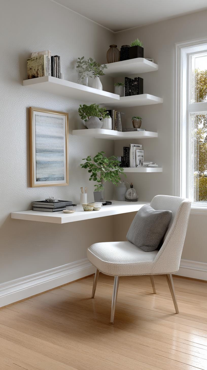 21 clever small office ideas for home and work areas 30 11. Minimalist setup with floating corner shelves 0