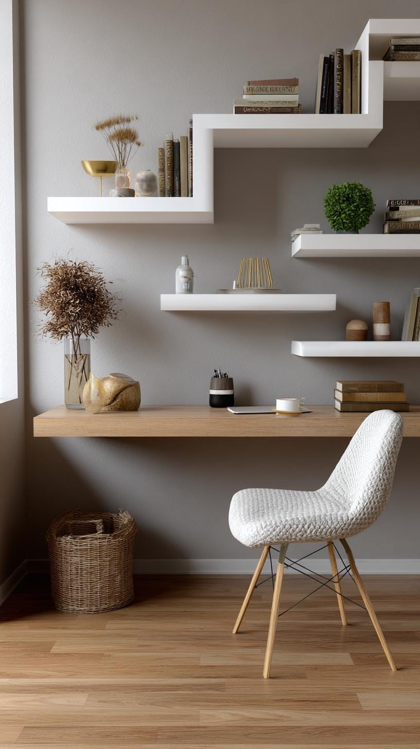 21 clever small office ideas for home and work areas 31 31 11. Minimalist setup with floating corner shelves-1