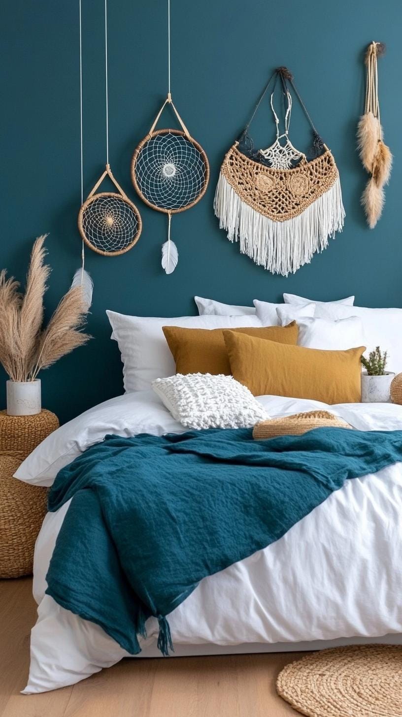 23 Atmospheric Boho bedroom ideas for copying 48 16. Minimalist wall decoration with dream catchers and ancient Art-0