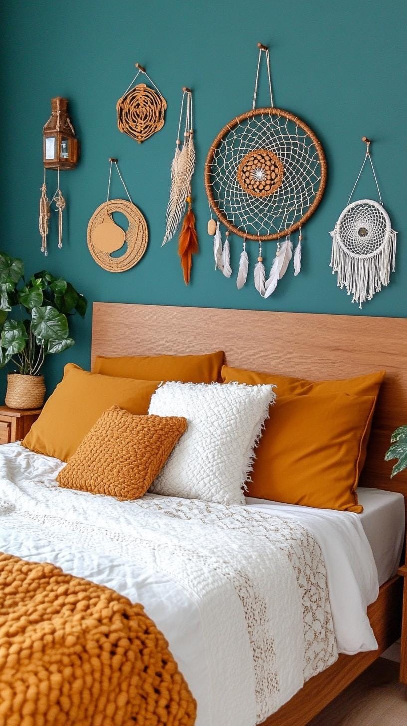23 Atmospheric Boho bedroom ideas for copying 49 16. Minimalist wall decoration with dream catchers and ancient Art-1