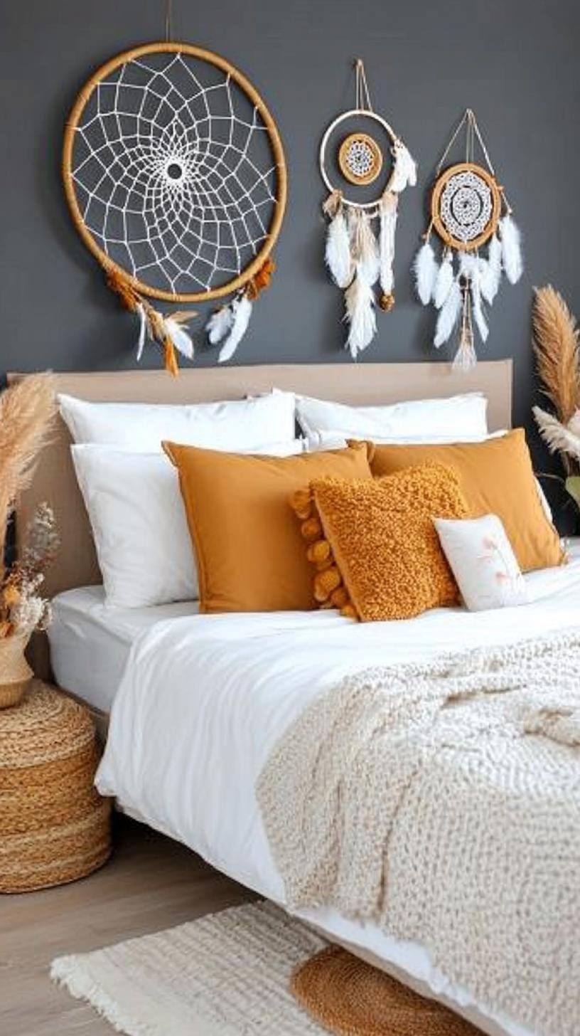 23 atmospheric Boho bedroom ideas for copying 50 16. Minimalist wall decoration with dream catchers and ancient Art-2